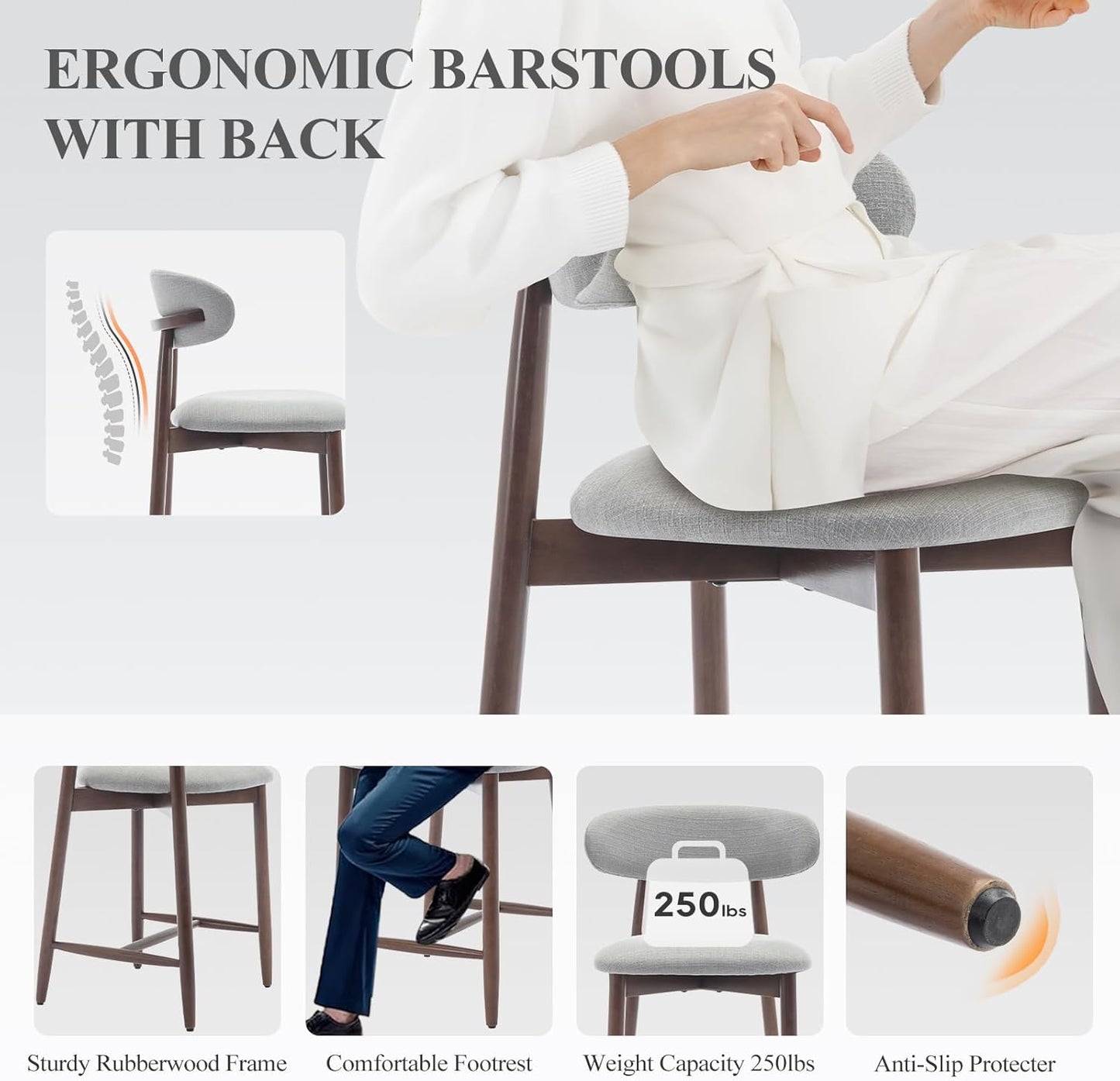 Upholstered Counter Height Bar Stools Set of 6, Kitchen Island Stools with Back, Modern Counter Barstools Bar Chairs with Wood Legs, Light Grey