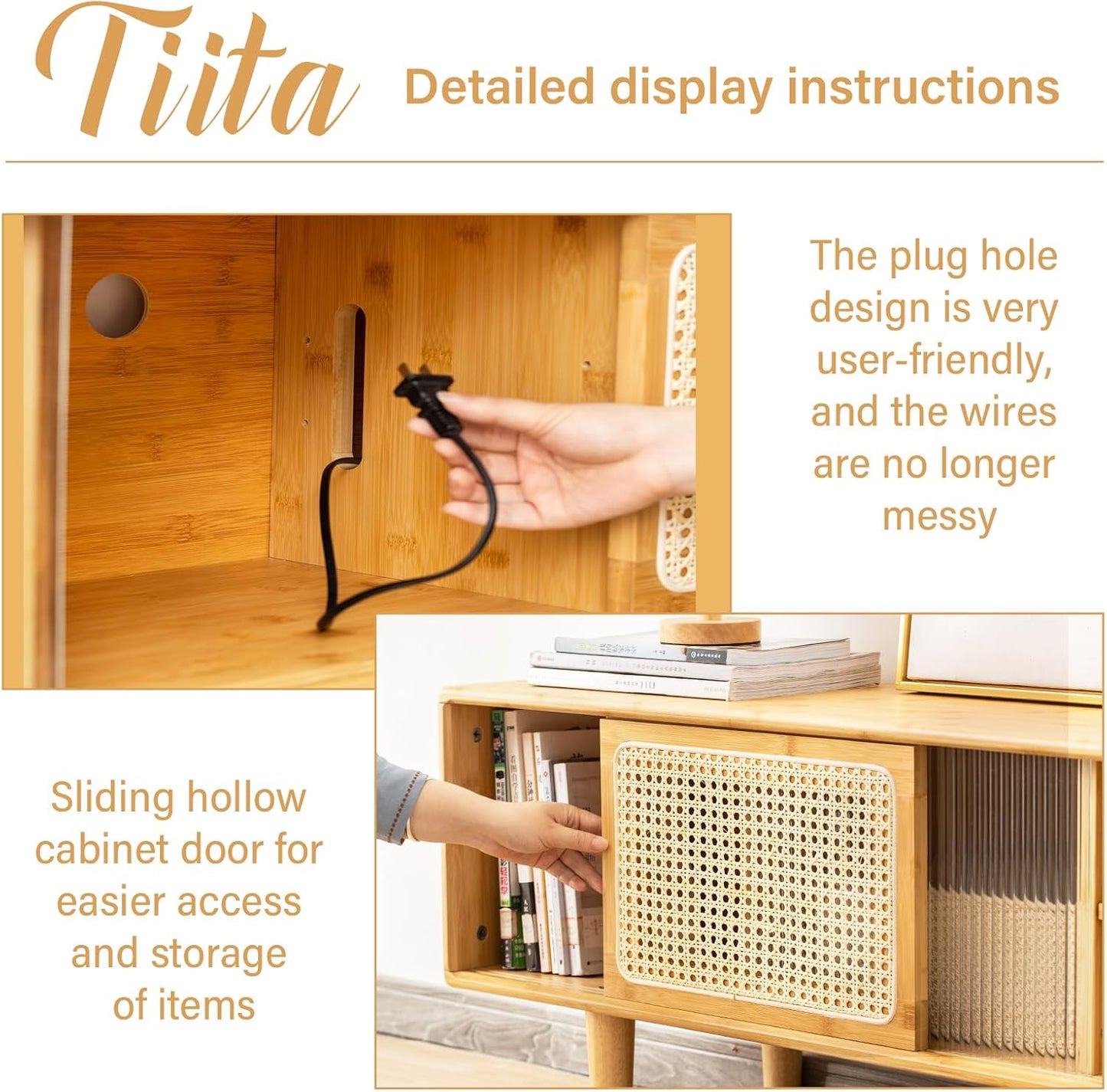 Tiita Rattan TV Stand for 55 65 Inch TV, Bamboo TV Cabinet with 2 Drawers, Boho Entertainment Center with Adjustable Shelf, Mid Century Modern Media Console for Bedroom, Living Room, Wood