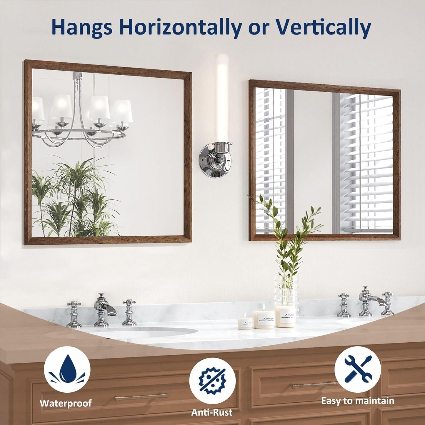 WEER Bathroom Mirror, 40x36 Inch Wall Mirror, Walnut Wood Grain Framed Mirror, Rectangle Vanity Mirror, Tempered Glass, Anti-Rust, Hangs Horizontally or Vertically