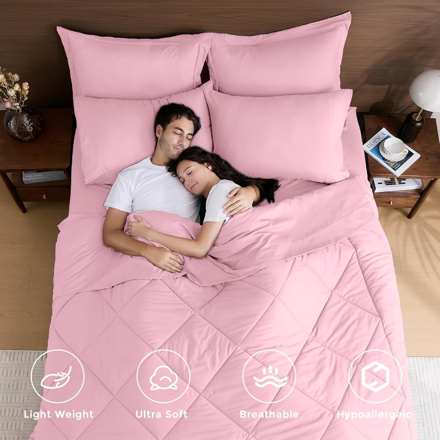 HEVUMYI Pink Twin-XL Comforter Set - 5-Piece All Season Bed in a Bag Twin-XL, Ultra Soft Bedding Set with Comforter, Flat Sheet, Fitted Sheet, Pillowcases, Pillow Shams, Pink