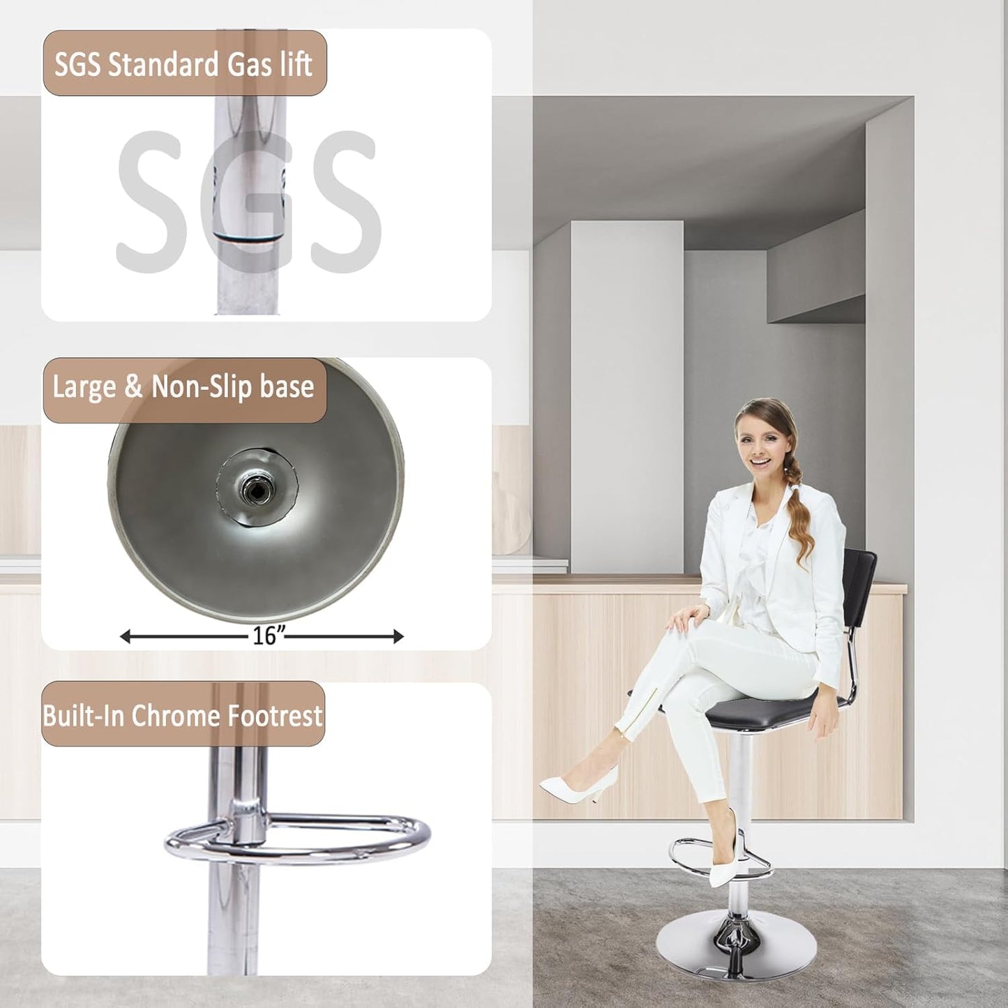 Sidanli Swivel Barstools Set of 2, Adjustable Barstools Set of 2，Faux Leather Bar Chairs for Kitchen Island, Hydraulic Counter Height Bar Stools with Backrest, Black