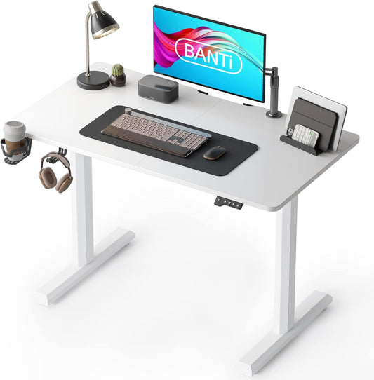 BANTI 44"x24" Standing Desk, Electric Stand up Height Adjustable Home Office Table, Sit Stand Desk with Splice Board, White Frame & White Top