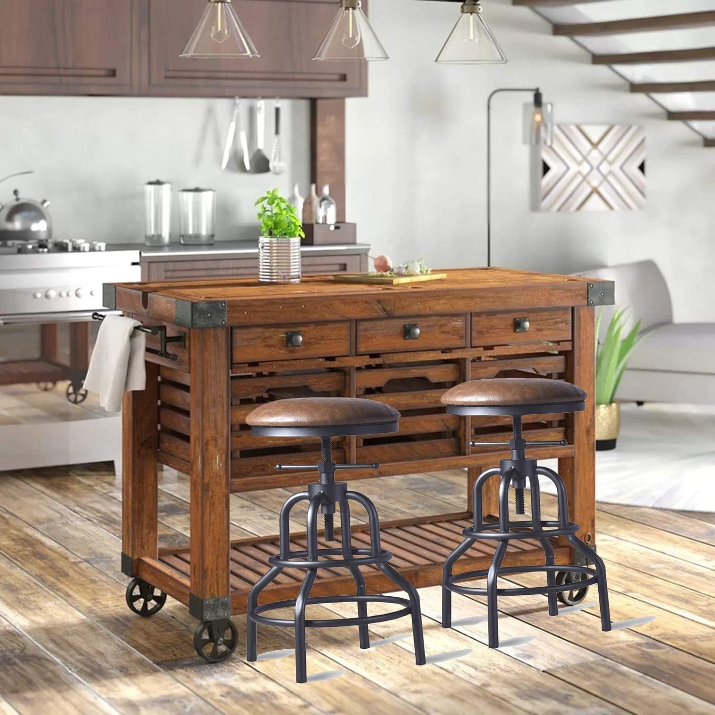 Diwhy Industrial Vintage Counter Stool, Kitchen Counter Height Adjustable Swivel Chair, Metal Frame Stool, 20.47-26.77 Inch, Fully Welded Base, Brown PU Upholstered, Set of 2