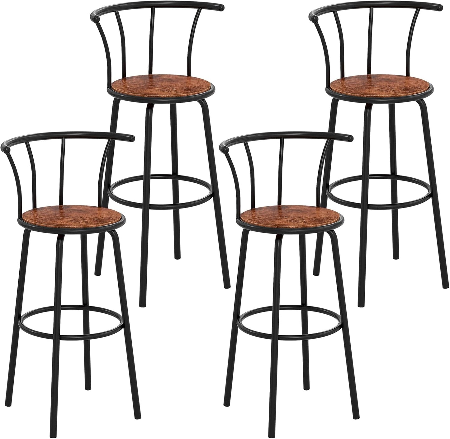 VECELO Bar Stools Set of 4, Swivel Counter Barstools with Backrest, Bar Height Chairs for Dining Room, Kitchen Island, Pub, Easy Assembly, Brown