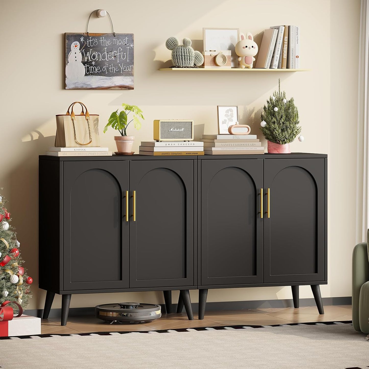 Rovaurx Set of 2 Storage Cabinet with 4 Doors, Accent Bathroom Floor Cabinet, Modern Sideboard Buffet Closet for Living Room, Entryway, Dining Room and Kitchen, Black BMGZ108B02