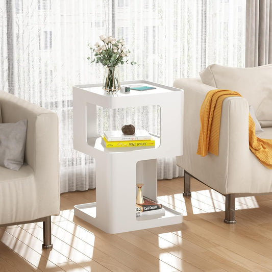 White Side Table, Modern Nightstand Metal End Table for Living Room Bedroom,Square Bedside Table-3 Tier Storage,Not Assemble Required