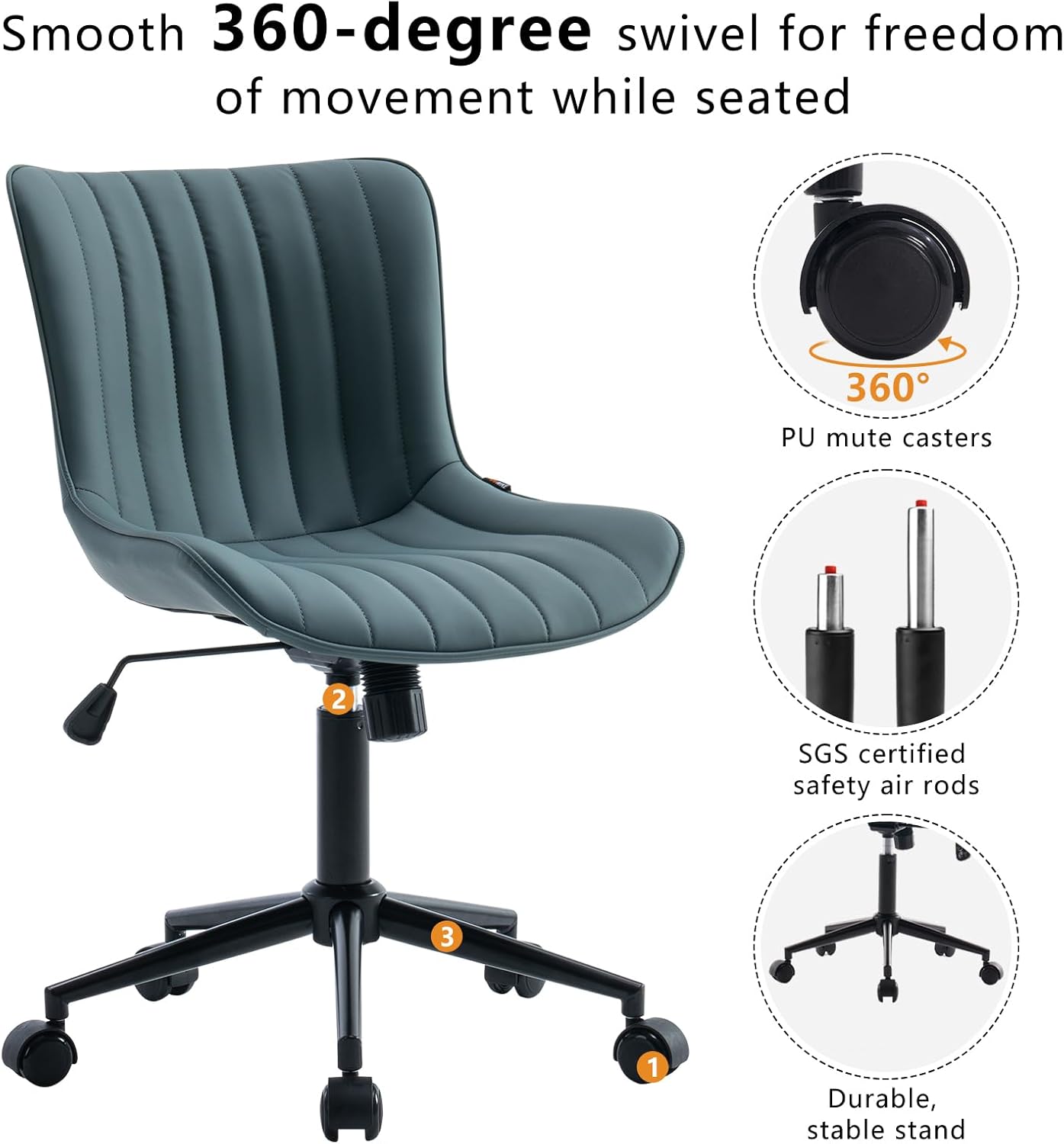 YOUNIKE Home Office Desk Chair with Wheels Armless Compact Comfy Vanity Chair with Adjustable Back Modern Small Leather Upholstered Rolling Swivel Cute Computer Task Chair No Arms Greyish Green