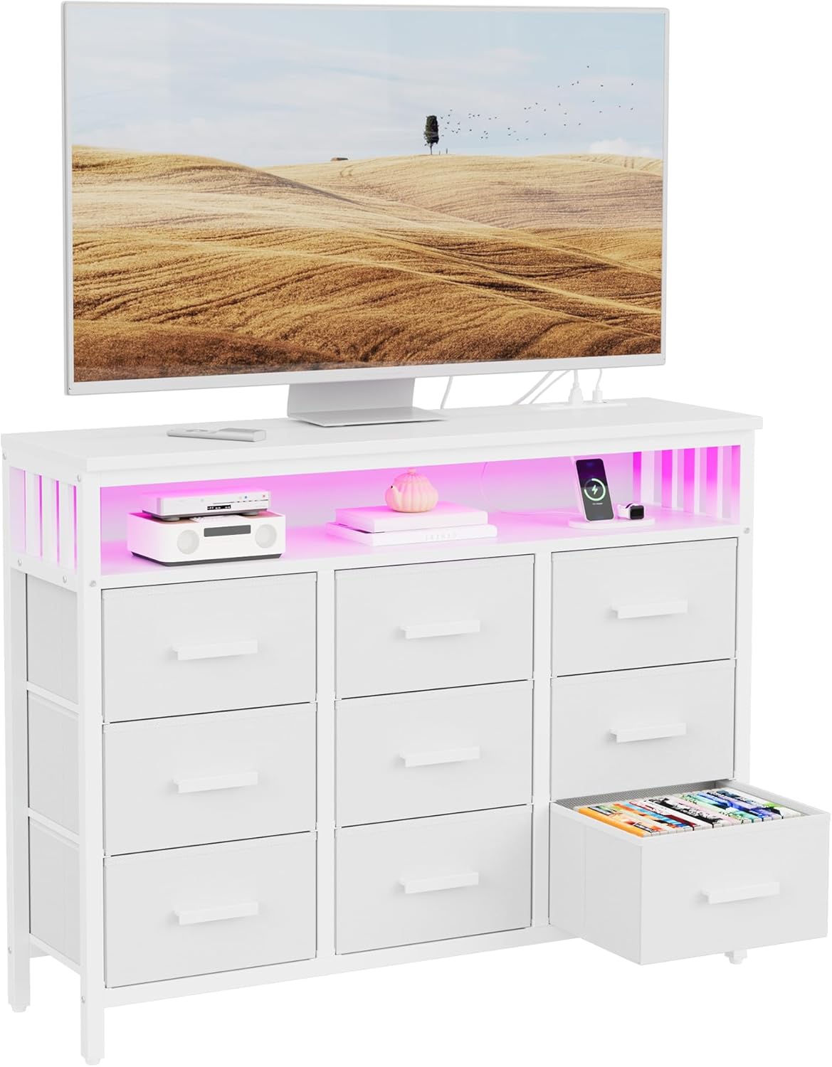 9 Drawer Dresser TV Stand with LED Lights & Power Outlets, Entertainment Center with Open Shelf, Media Console for 50” TV, Large Storage Dresser for Bedroom (White)