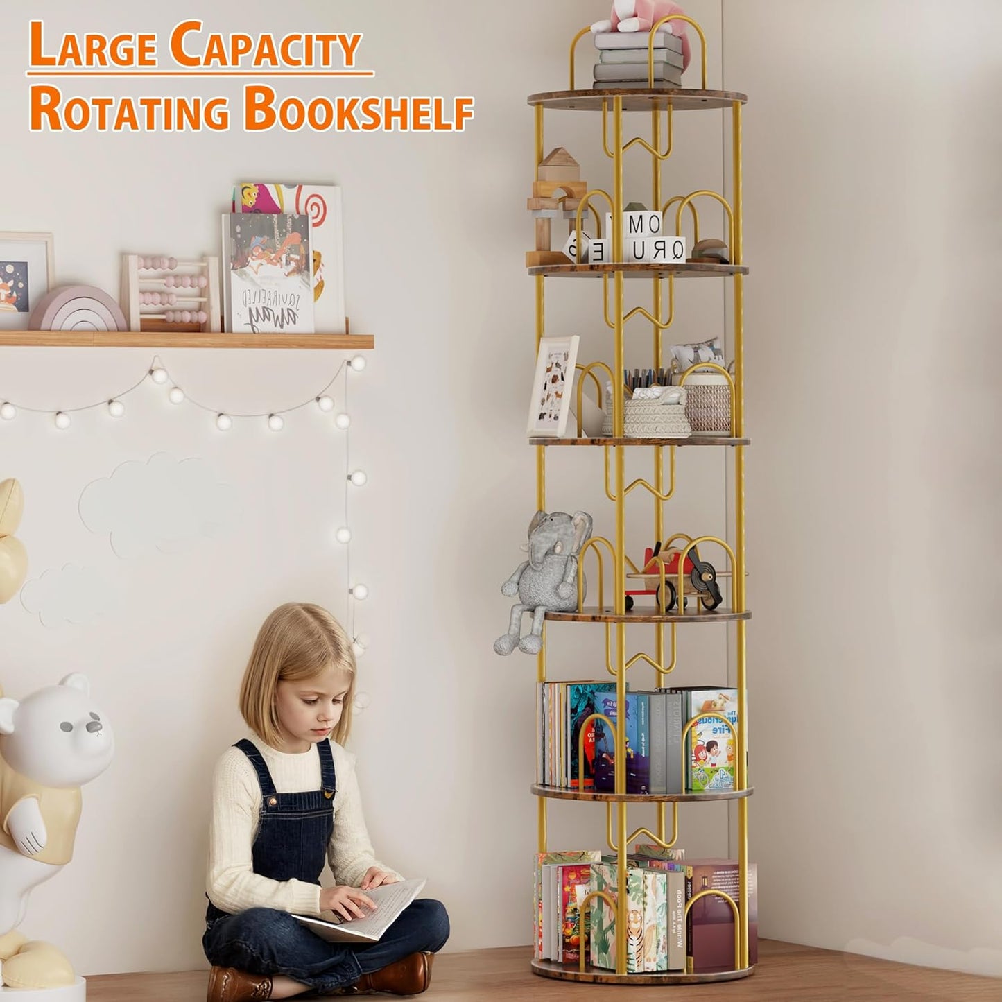 5 Tier Rotating Bookshelf, 360° Spinning Bookshelf Tower, Round Narrow Space Saving for Books and Display, Revolving Bookcase Corner Tall Book Shelf for Small Spaces, Bedroom, Living Room, Gold