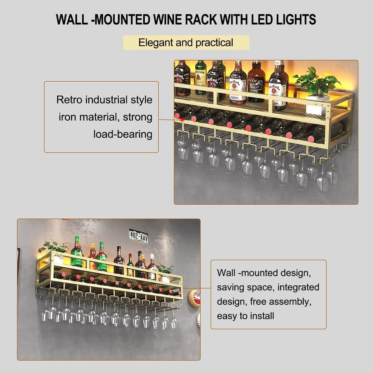 LED Wine Rack Wall Mounted, Industrial Metal Wall Wine Shelf & Glass Holder, Large Floating Shelves Wine Bottle Storage Display Rack for Home Bar Dining Room Decor(Gold, 31.5 x 9.8 x 10.6 inch)