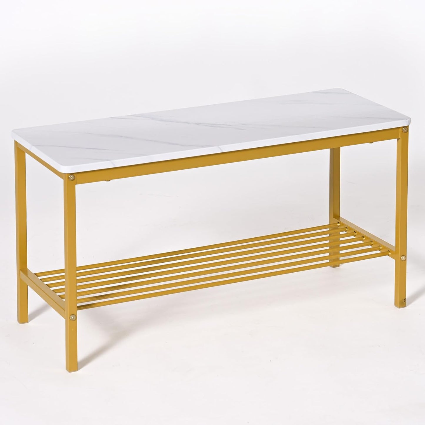 SogesHome Kitchen Table Set for 4, Compact Dining Table Chair Set with Bench, 4 Piece Table with Built-in Storage Racks, Metal Frame, for Apartment, Restaurant, Gold