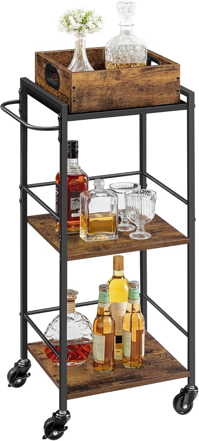 VASAGLE Kitchen Serving Cart with Removable Tray, 3-Tier Kitchen Utility Cart on Wheels with Storage, with Brakes, Leveling Feet, 11.8 x 13.7 x 33.9 Inches, Rustic Brown and Black ULRC062B01
