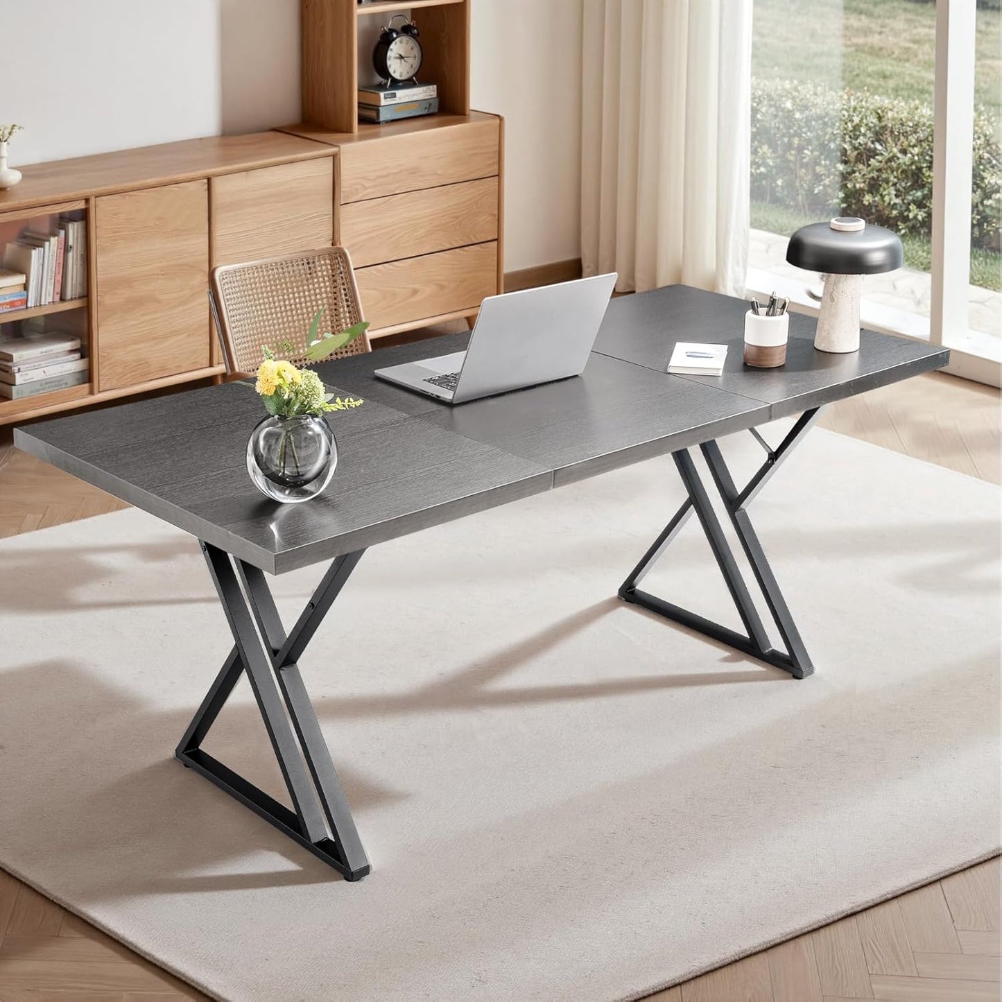 70.9Inch Office Desk, Executive Office Desk，Modern Industrial Style, Z-Shaped Table Legs, Country Black Wood Grain Top, for Home Office, Study, Conference (Ash Black)