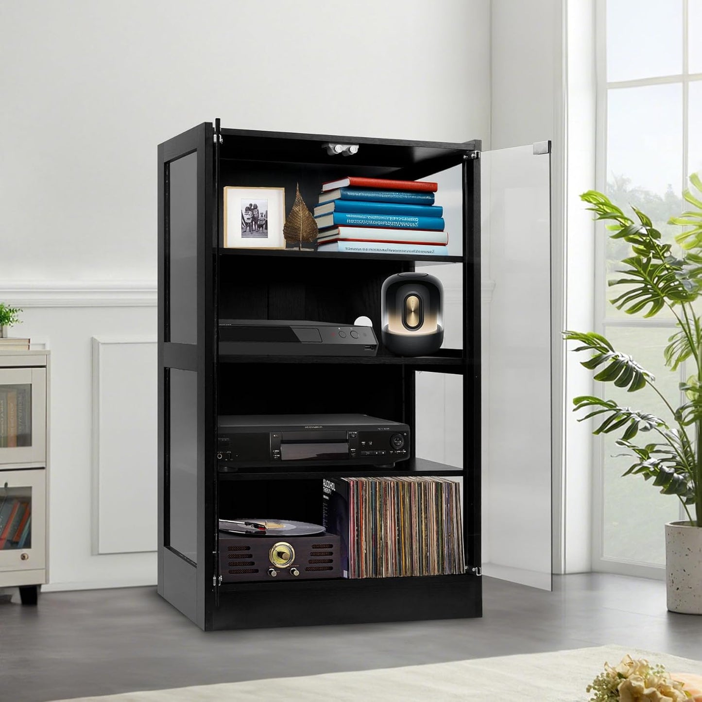 4-Tier Media Cabinet with LED Lighting, Audio/Video Stand Featuring Built-in USB Ports and Electrical Outlets, Designed for Living Rooms and Gaming Spaces, Glass Doors