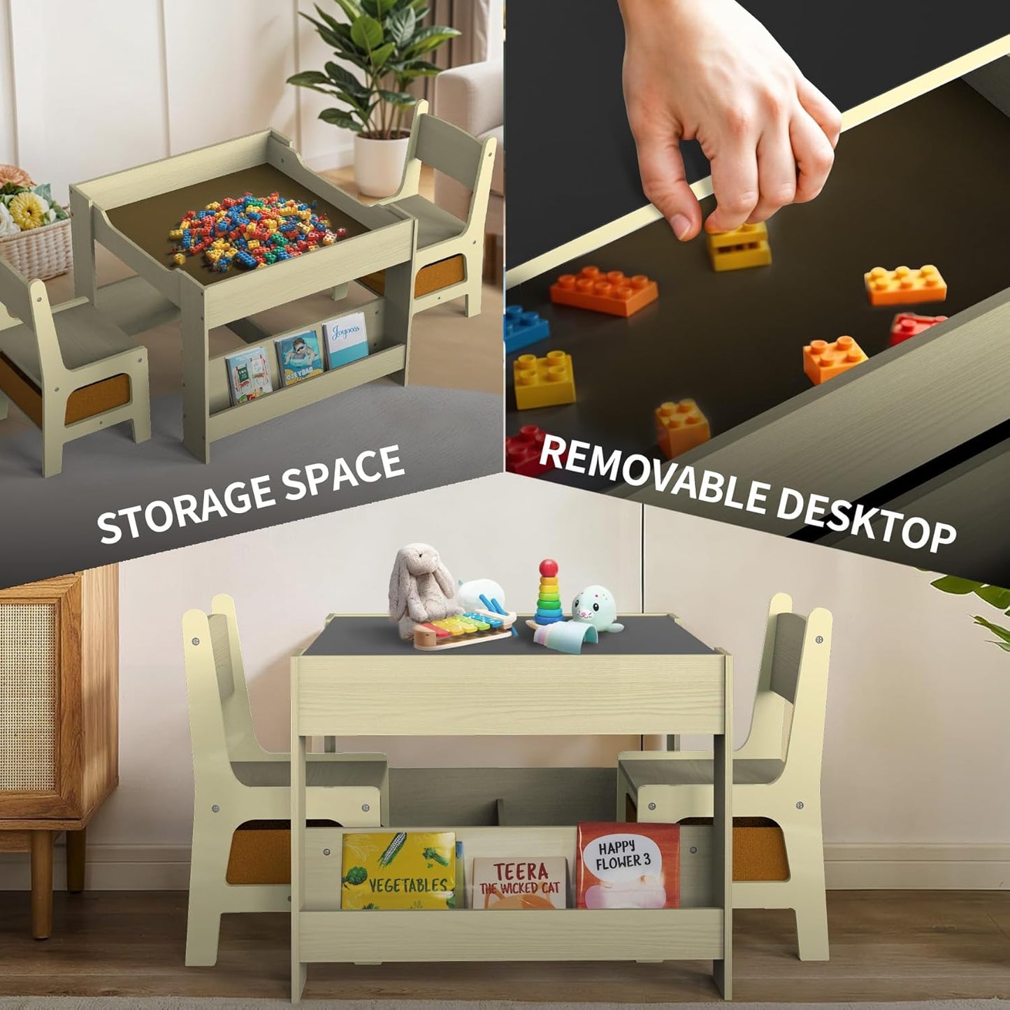 Joyooss Kids Table and Chair Set,4 in 1 Wooden Activity Toddler Table and Chairs Ages 3-7,2 in 1 Tabletop Drawing Reading Crafts Toddler Desk for Playroom,Kid Art Desk for Nursery Storage