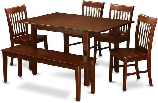 East West Furniture PSNO6C-MAH-W 6 Piece Kitchen Table & Chairs Set Contains a Rectangle Dining Room Table with Butterfly Leaf and 4 Dining Chairs with a Bench, 32x60 Inch, Mahogany