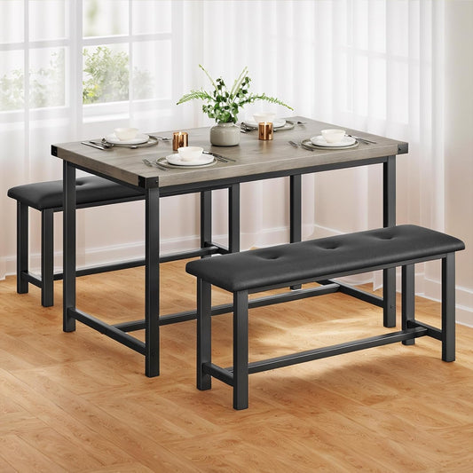3 PSC Dining Table Set with 2 Upholstered Benches and 1 Table for 4, 44" Small Space Breakfast Nook Set, Kitchen Table with Tufted Upholstered Seats, Rustic Wood & Metal Frame, Easy Assembly