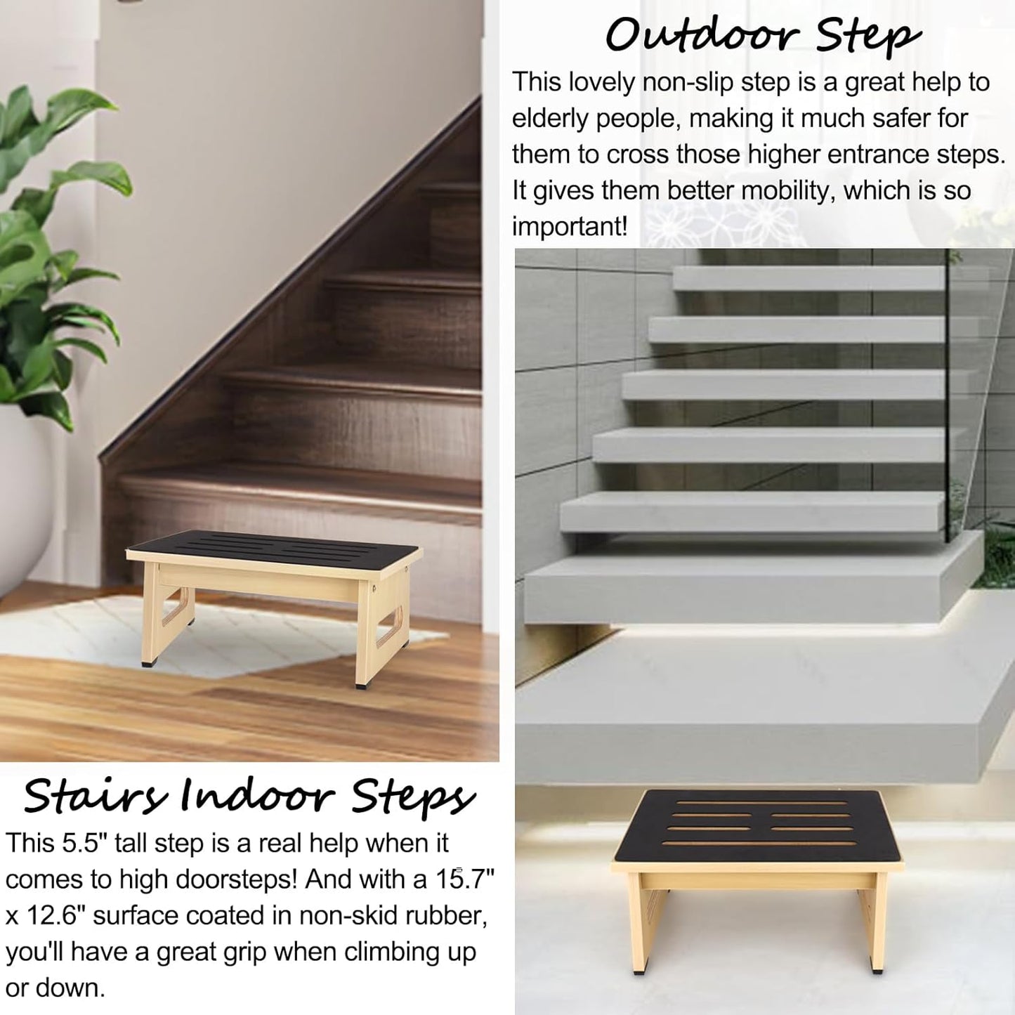 One Step Stool with Non-Slip Rubber Stepping Feet, Heavy Duty Wooden Step Stools, 450 LB Portable Bed Steps for High Beds for Bathroom, Bedroom, Kitchen & Bedside Support