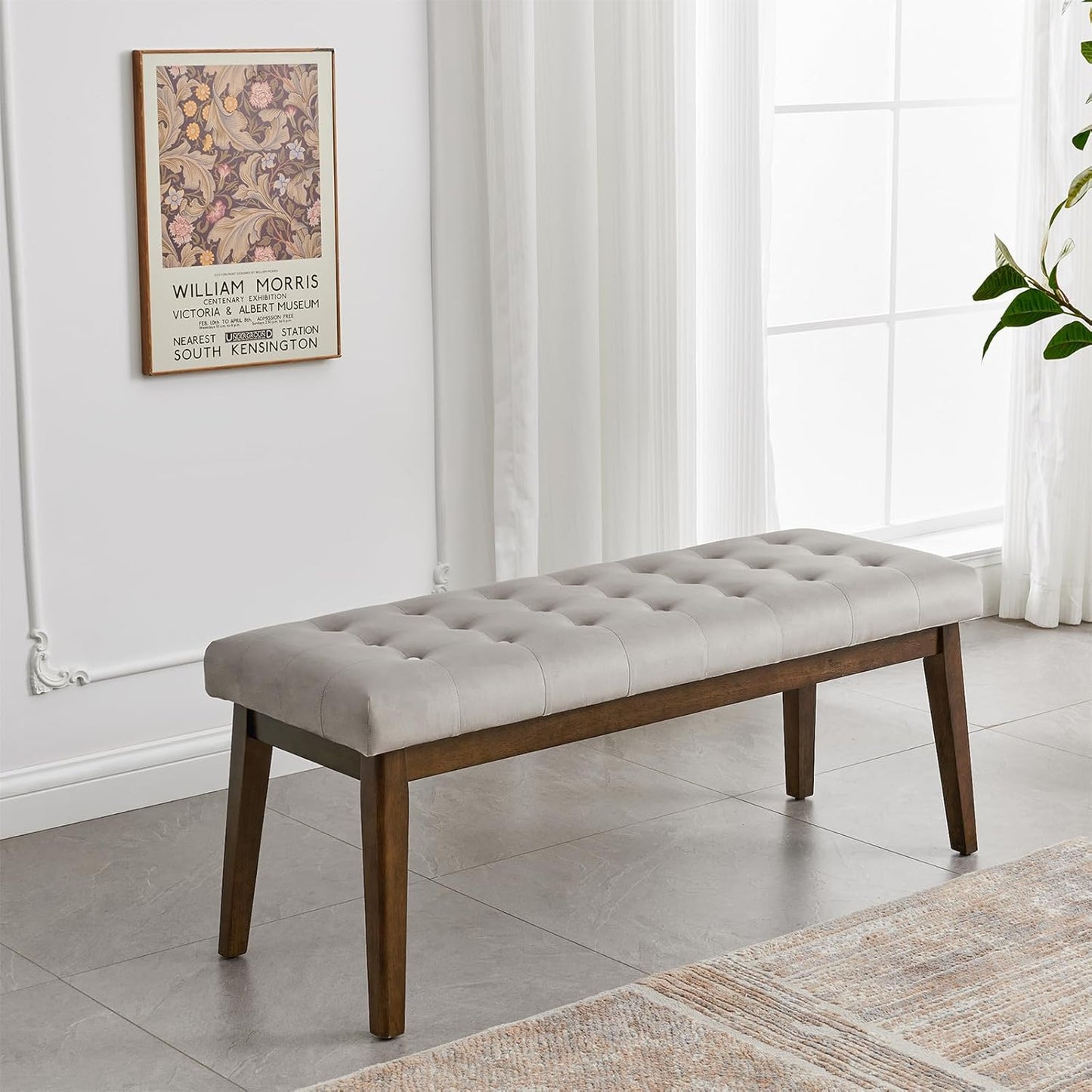 End of Bed Bedroom Bench, Linen Upholstered Tufted Bench for Bedroom End of Bed with Solid Wood Legs for Bedroom Living Room Entryway(Gray)