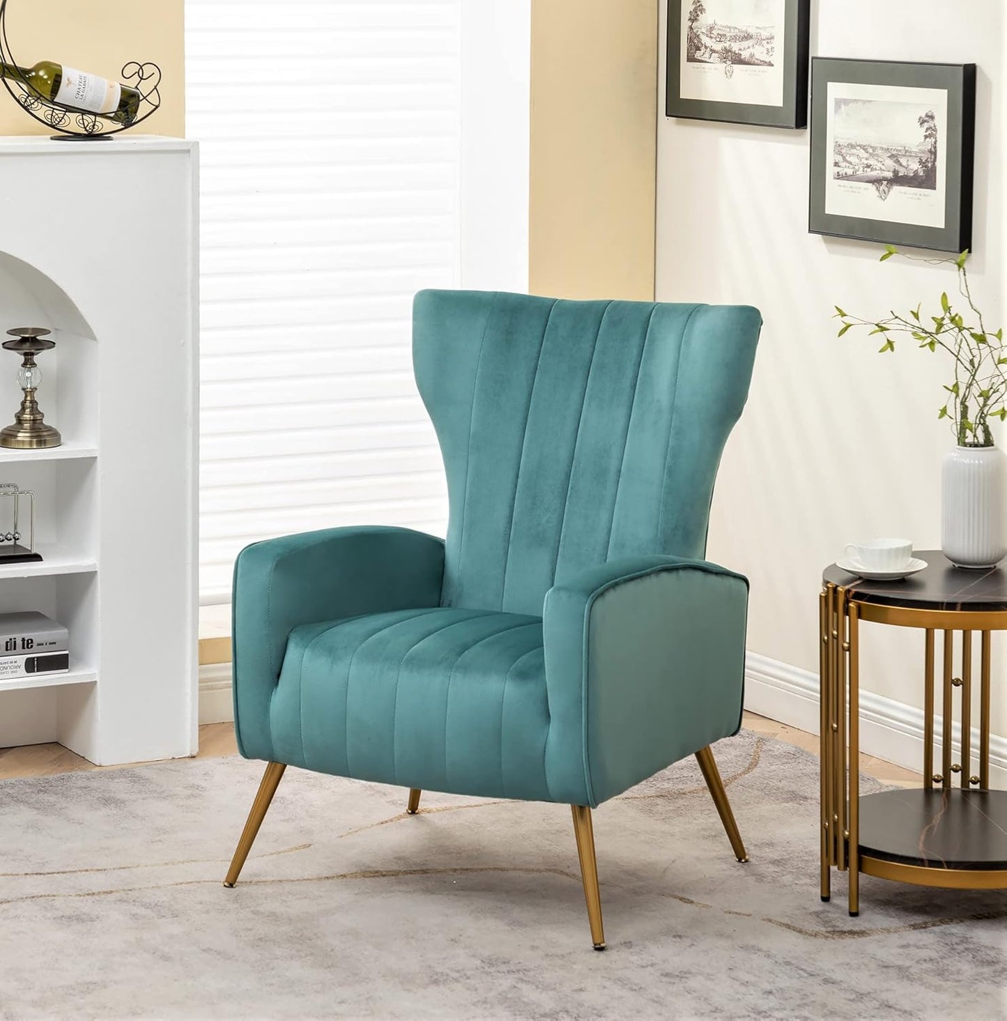 Container Furniture Direct Modern Velvet Accent Chair, Channel Tufted Bedroom, Office or Living Room Furniture with Elegant Metal Legs, 26" Wide Armchair, Teal