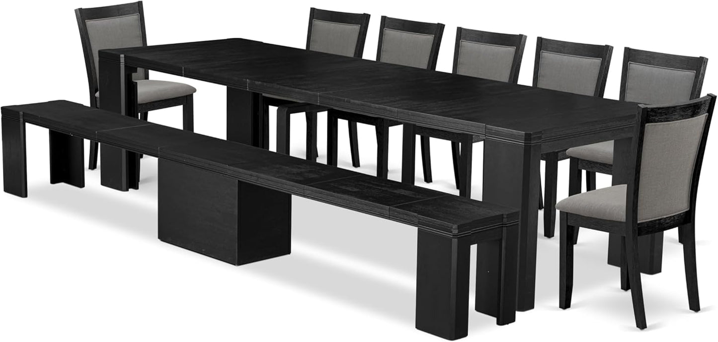 X07MZ-B06-50 - 9-Pc Dining Table Set a Rectangular Dining Table and a wooden Bench and 7 Dark Gotham Grey Linen Fabric Kitchen Chair, 39x120 Inch, Wire Brushed Black