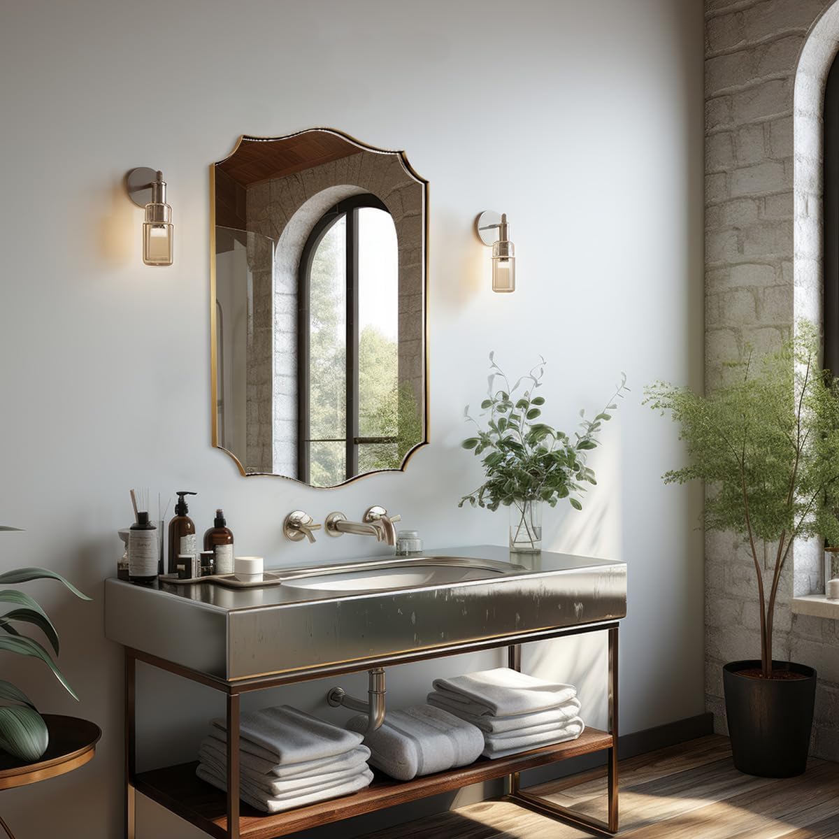 ANDY STAR Bathroom Vanity Mirror, 24x36 Irregular Wall Mirror, Gold Antique Mirror for Bathroom, Asymmetrical Mirror in Anti-Rust Stainless Steel Metal Frame, Wall Mount Horizontal or Vertical