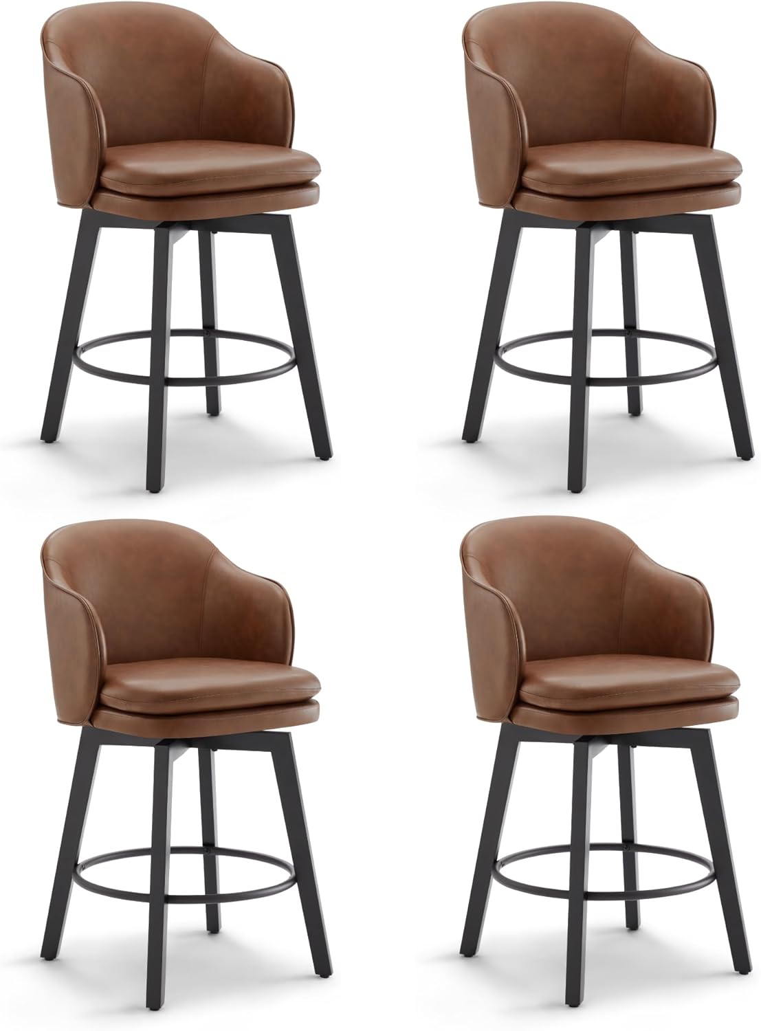 Counter Height Barstools 26 inch Upholstered Swivel Bar Stools with Back and Wood Legs for Kitchen Island,Set of 4,Brown PU Leather