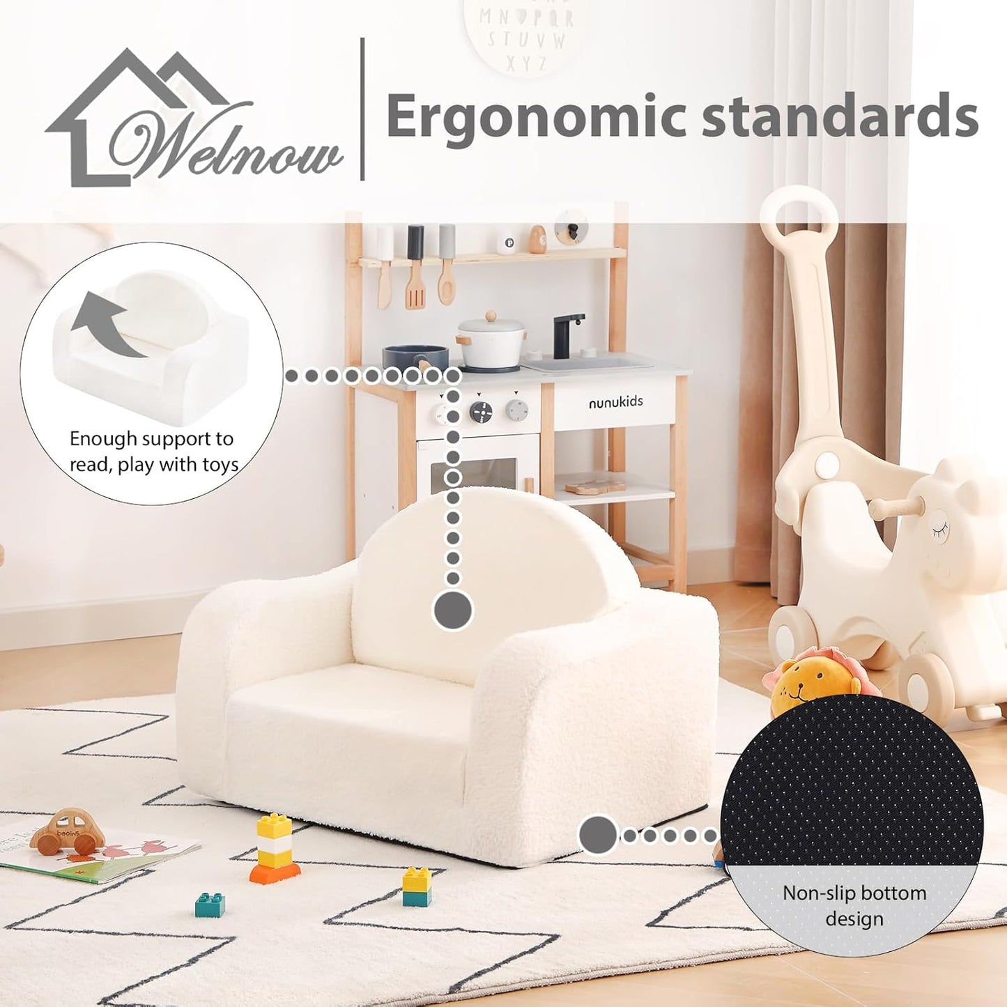 Welnow Kids Sofa, 2-in-1 Soft Sherpa Toddler Chair, Convertible Toddler Couch Lounger, Flip Out Kids Couch Chair with Side Pockets & Removable Cover for Girls and Boys, Beige