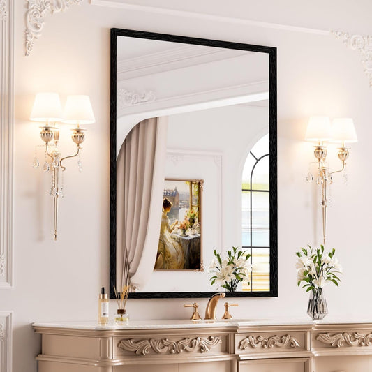 WEER Black Framed Mirror, 28X36 Inch Matte Black Wall Mirror for Bathroom, Rectangular Black Bathroom Vanity Mirror, Tempered Glass, Anti-Rust, Hangs Horizontal or Vertical