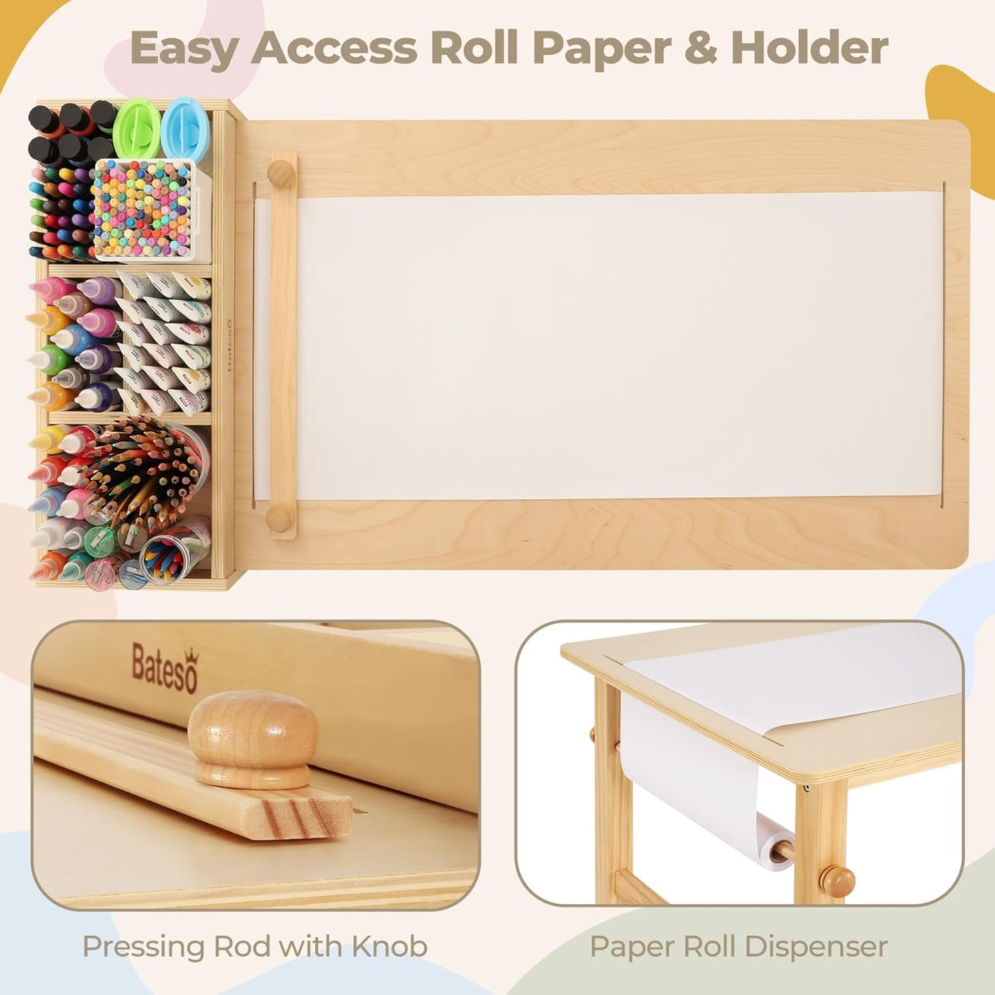 Kids Art Table and 2 Chairs Set with Roll Paper & Storage, Wooden Kid Craft Table for Drawing, Learning and Reading, Toddler Activity Play Desk for Home, Playroom or Classroom