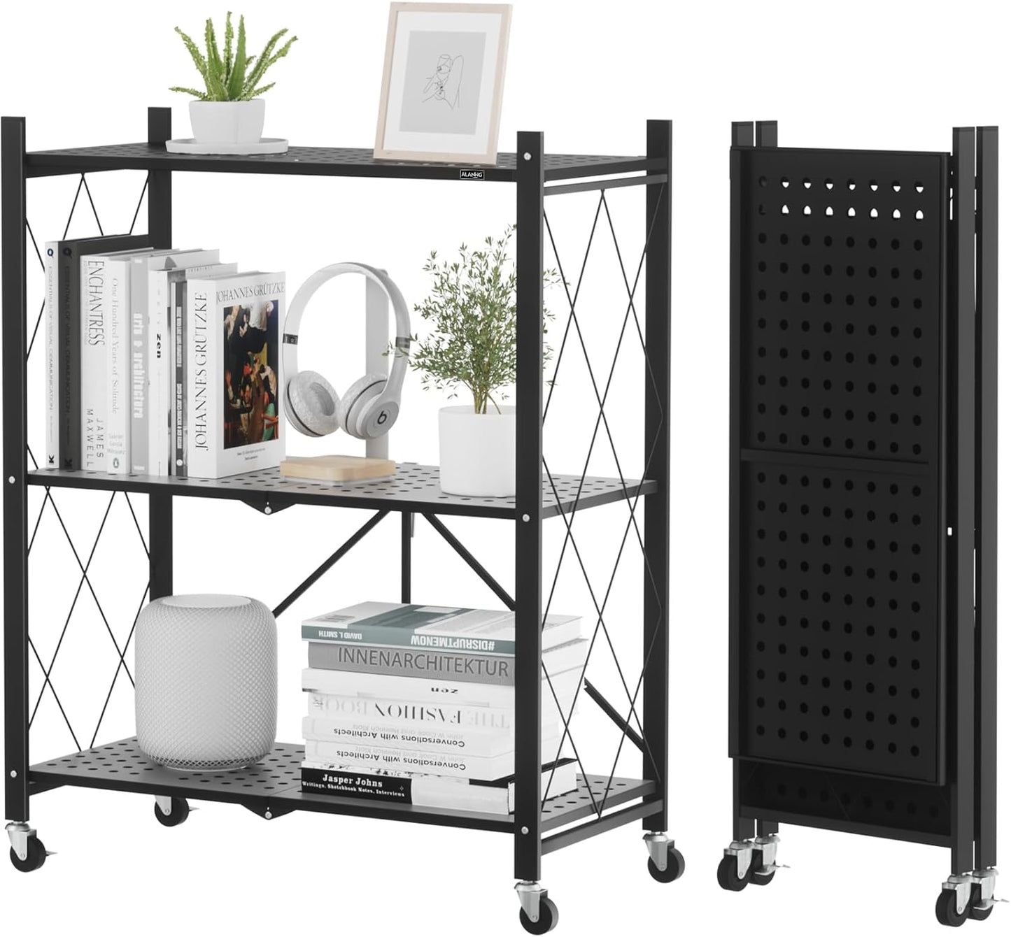 ALANNG Storage Shelves with Wheels, Bookshelf with Storage, No Assembly Metal Rack Cart for Kitchen, Office, Laundry, Garage (3 Tier, Black)