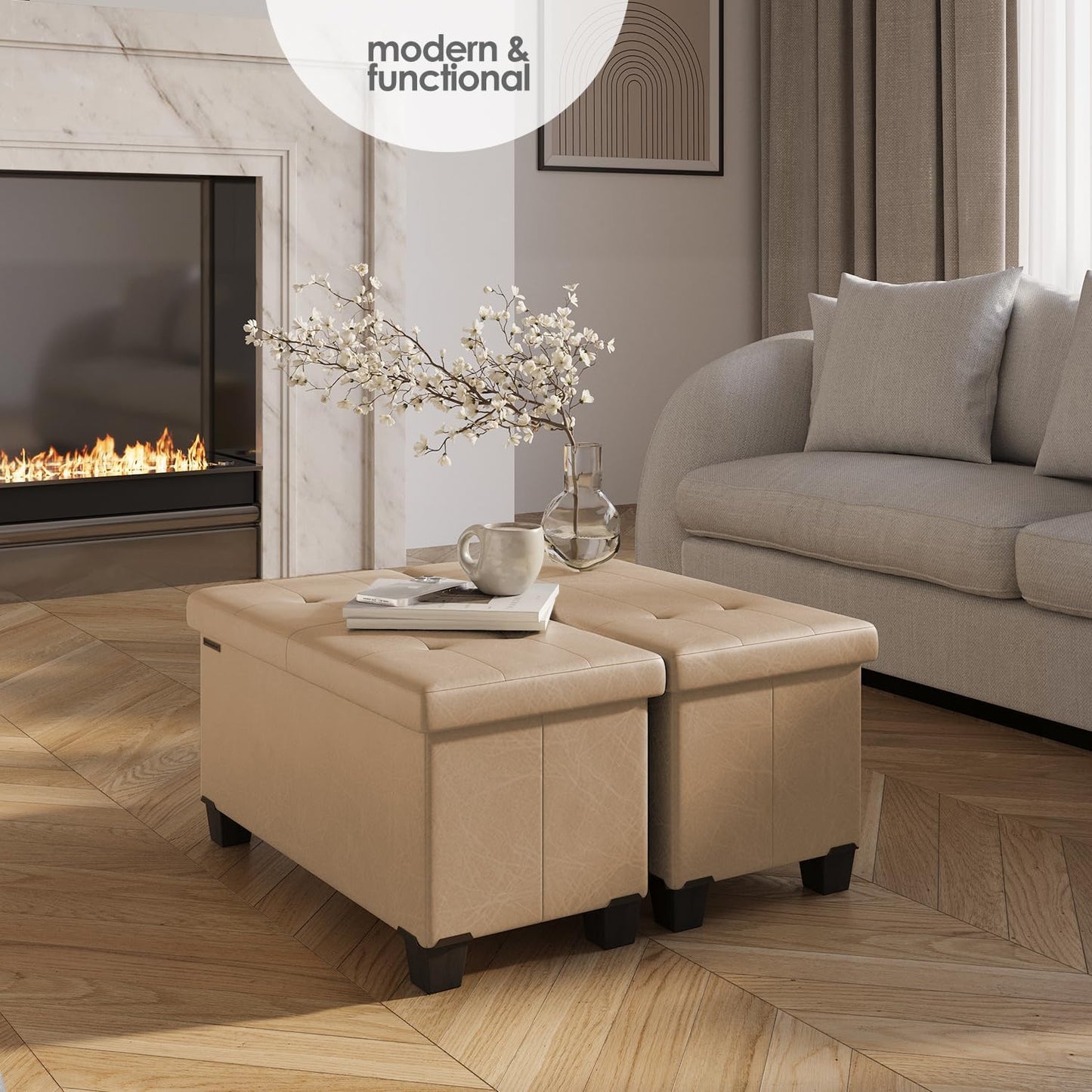 STORAGEBUD Storage Ottoman Bench with Bins, 30-in Storage Bench for Bedroom End of Bed, Folding Foot Rest Ottoman for Living Room Max 660lbs, Faux Leather Ottomans, Taupe