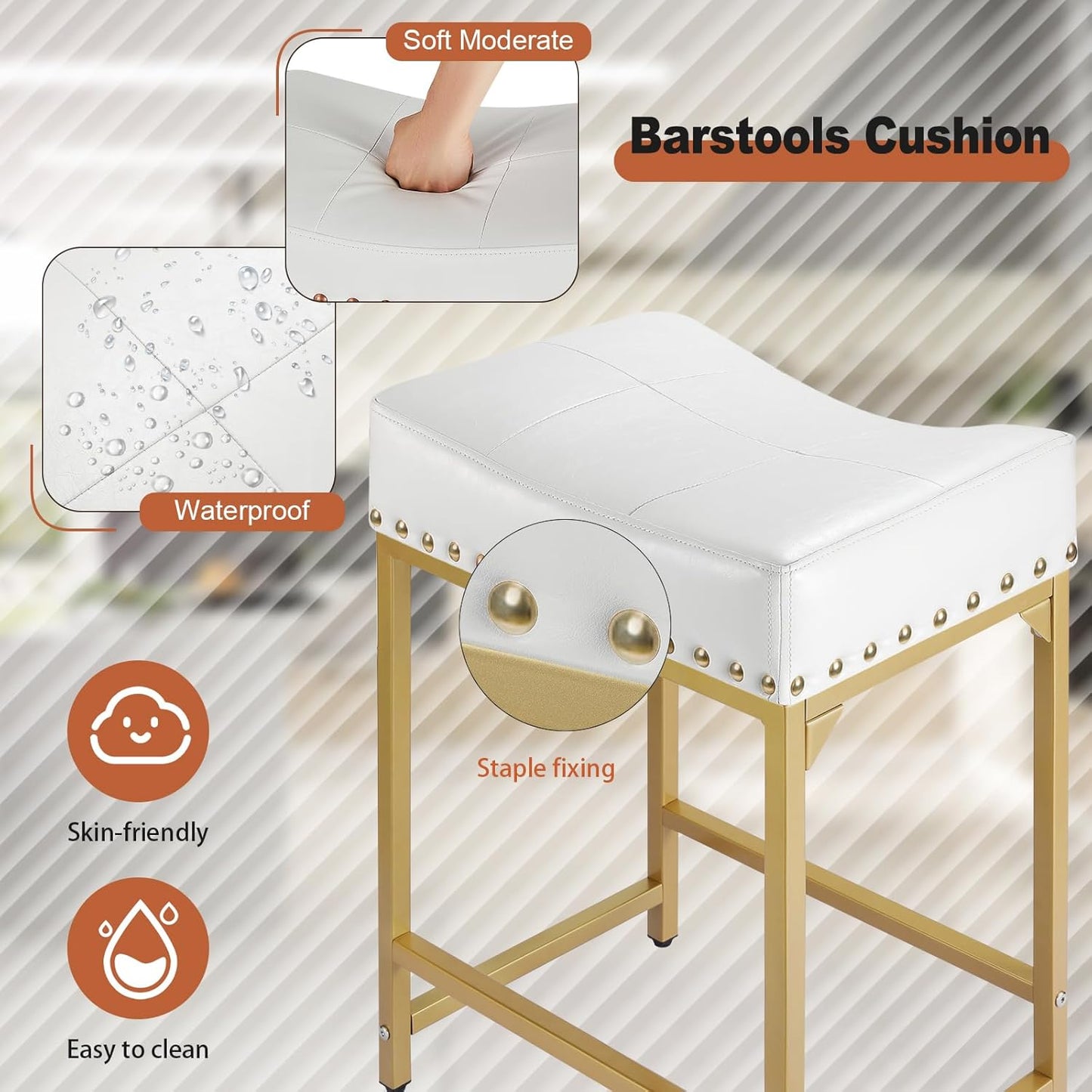 Bar Stools Set of 2, Gold White Counter Height Stools with Cushion Counter Stools and Barstools Steel Frame, 24" Modern Gold Bar Stools for Kitchen Counter Island (Off White+Gold)