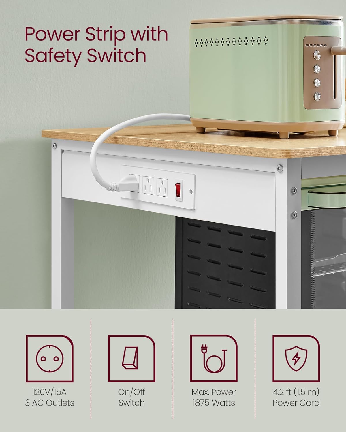 VASAGLE Kitchen Island with 3 Shelves, 39.4 Inches Width Kitchen Shelf with Power Strip, Large Worktop, Stable Steel Structure, Industrial, Easy to Assemble, Golden Oak and White UKKI105Y01