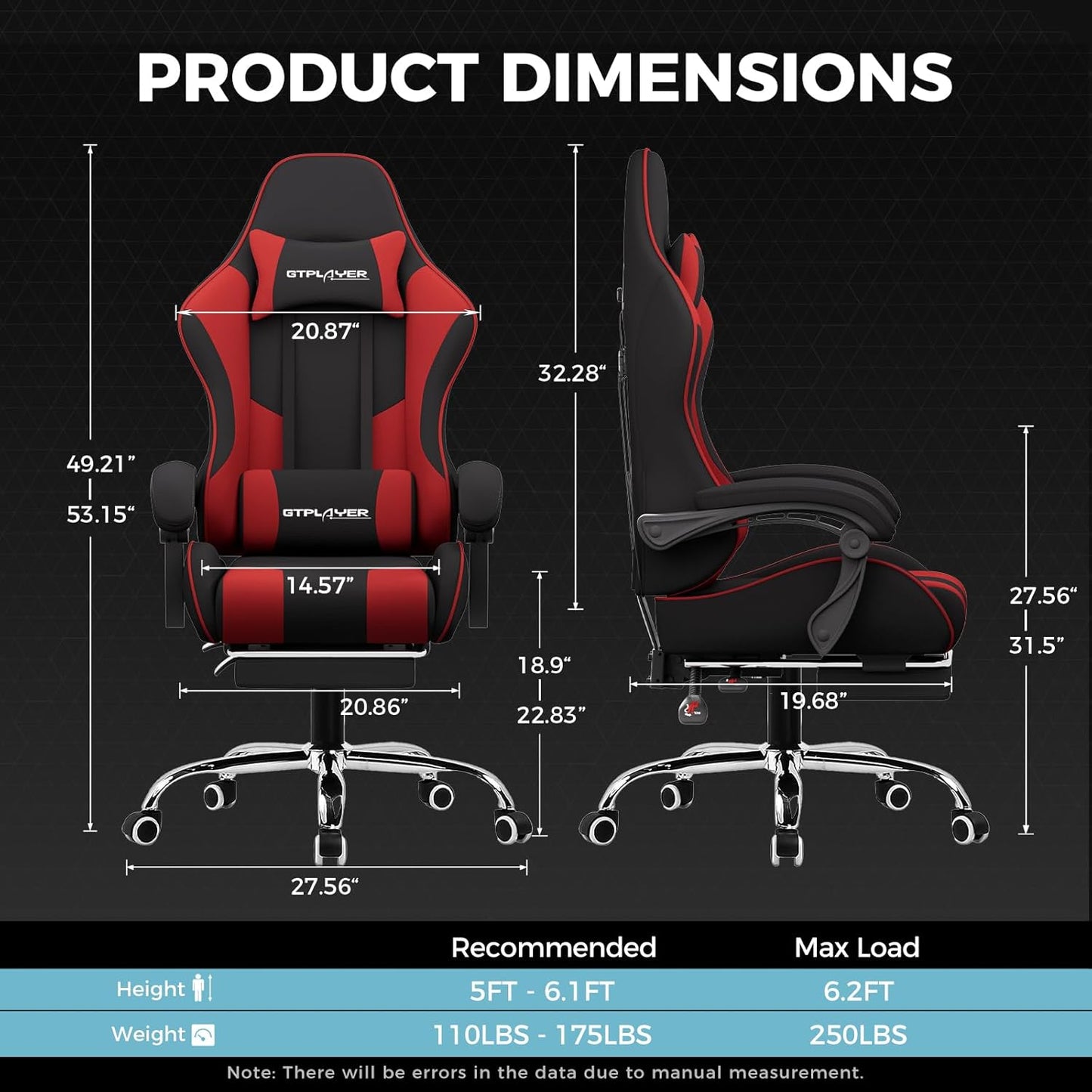 GTPLAYER Gaming Chair, Computer Chair with Footrest and Lumbar Support, Height Adjustable Game Chair with 360°-Swivel Seat and Headrest and for Office or Gaming (RED, Fabric)