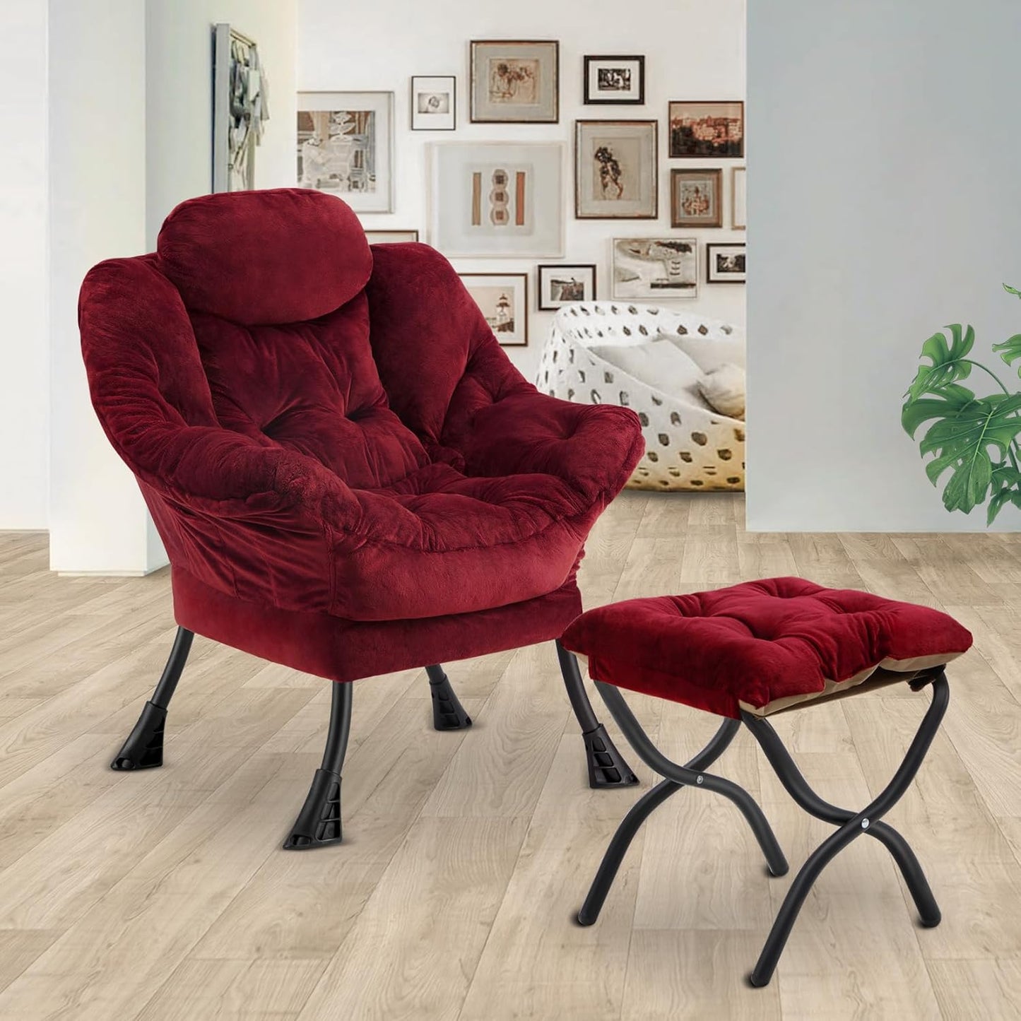 Lazy Chair with Folding Ottoman,Leisure Sofa Chair,Soft Fabric Armchair with Armrests and Side Pockets, Reading Chair with Footrest for Living Room, Bedroom, Office (Plush Red)