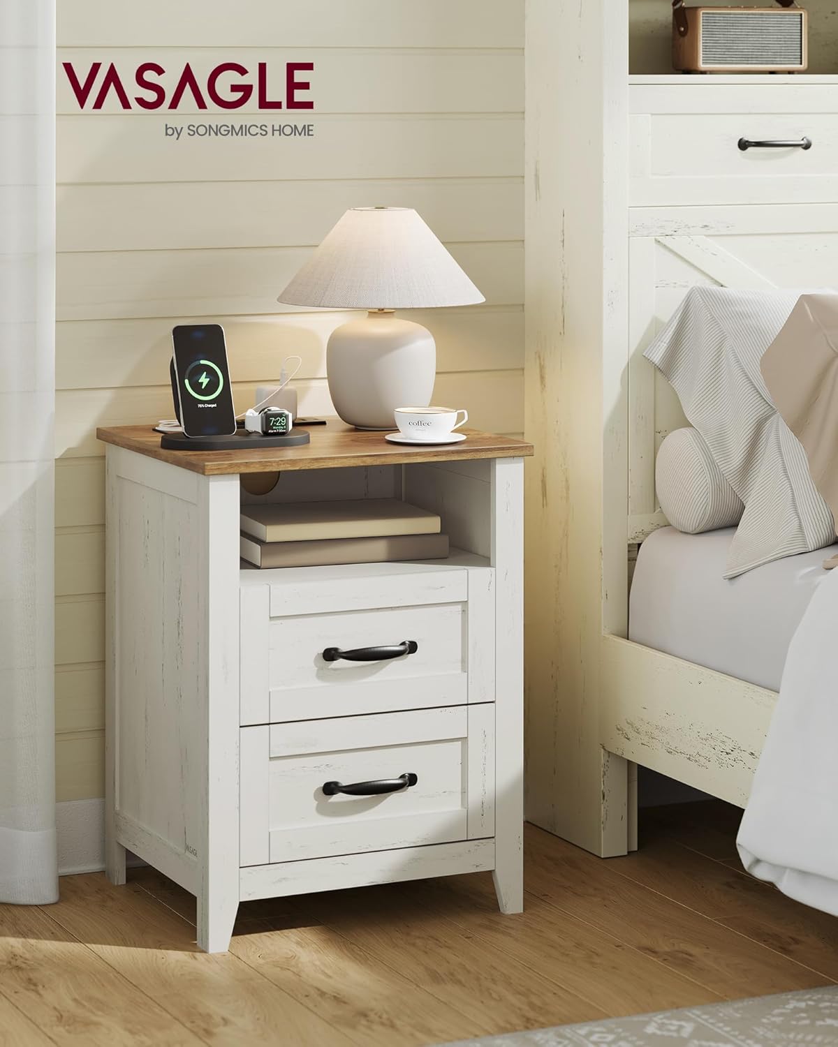 VASAGLE LIRY Collection - Farmhouse Nightstand with Charging Station, Bedside Table, Side Table with 2 Drawers, Open Compartment, for Bedroom, Rustic White and Honey Brown ULET669W0