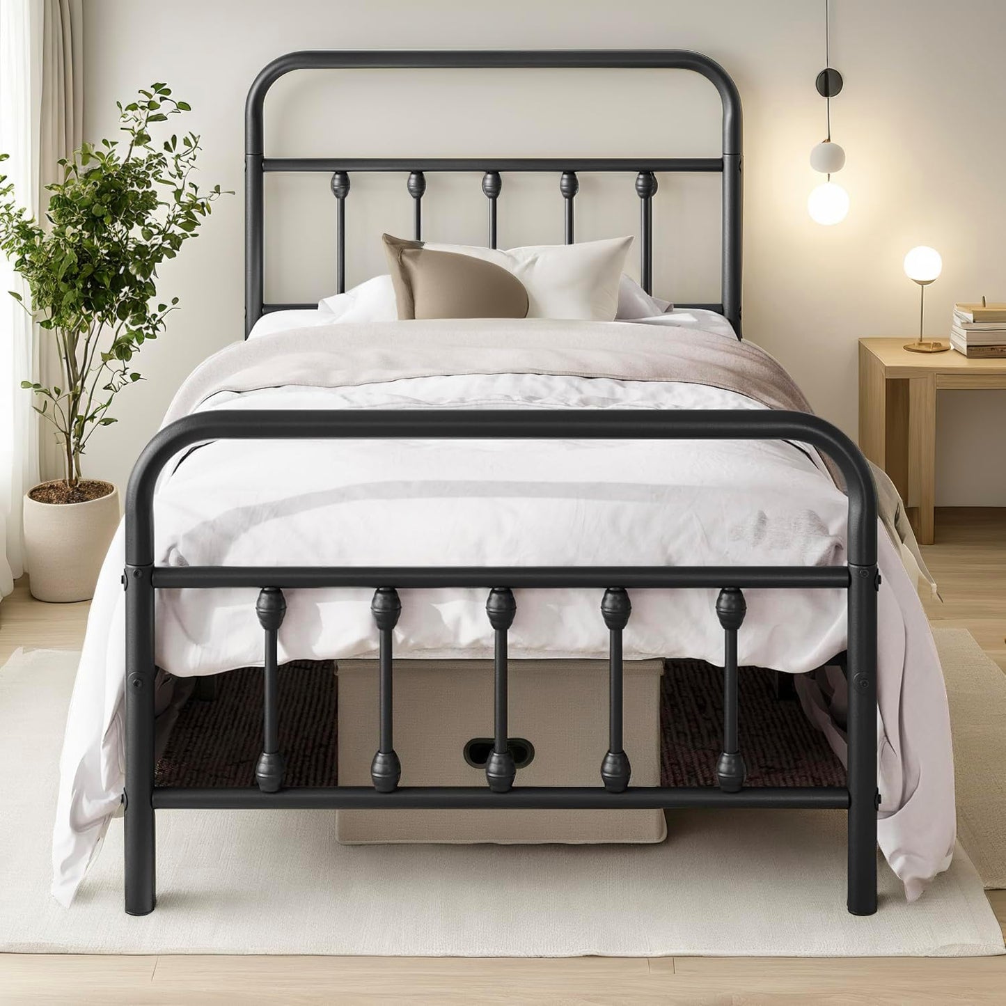 Twin Bed Frame-Classic Metal Platform Bed Frame Mattress Foundation with Victorian Style Iron-Art Headboard/Footboard/Under Bed Storage/No Box Spring Needed/Black