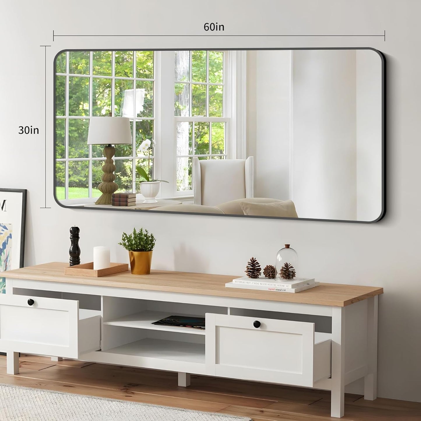 Bathroom Mirror, 30x60 inch Black Rectangle Wall Mirror, Metal Frame Rounded Corner Vanity Mirror, Large Wall Mounted Mirrors for Over Sink Bedroom Living Room Horizontal Or Vertical Mounting