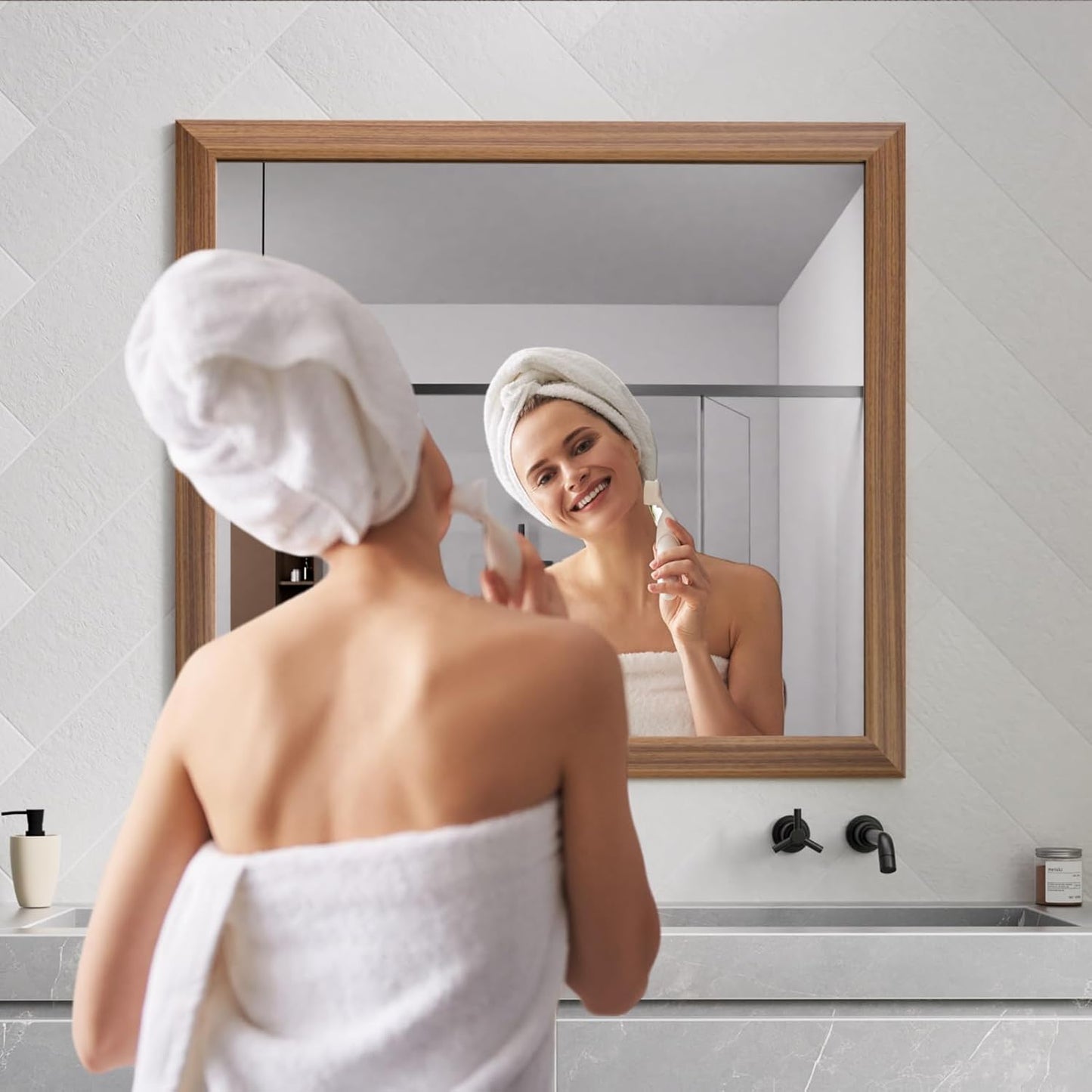 Amorho Bathroom Mirror, 40x36 Inch Wall Mirror, Walnut Wood Grain Metal Framed, Anti-Rust, Hang Horizontally/Vertically, Suitable for Bedroom, Farmhouse, Bathroom, Decorative