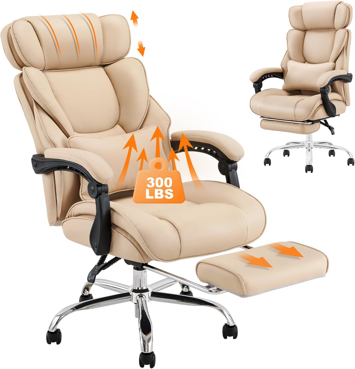 COLAMY Office Chair with Retractable Footrest, Ergonomic High Back Design Executive Computer Desk Chair with Removable Lumbar Pillow, 90-135°Reclining, Thick Bonded Leather for Home Office Work, Khaki