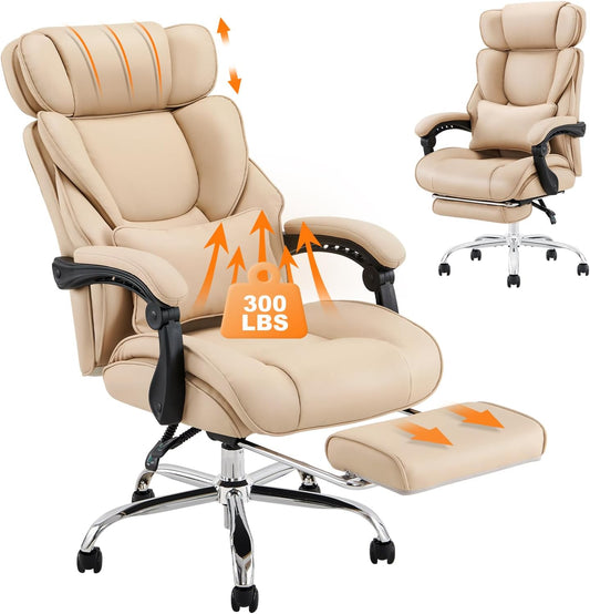 COLAMY Office Chair with Retractable Footrest, Ergonomic High Back Design Executive Computer Desk Chair with Removable Lumbar Pillow, 90-135°Reclining, Thick Bonded Leather for Home Office Work, Khaki