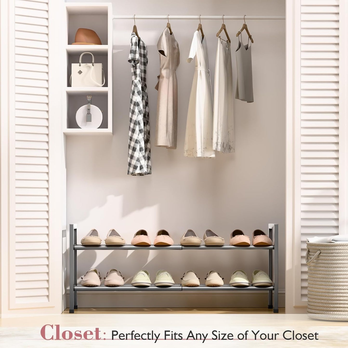 Bumusty 2-Tier Expandable Shoe Rack for Closet, 18“-33” Adjustable Shoe Rack for Small Space, Small Shoe Organizer for Front Door, Sturdy Metal, Gray