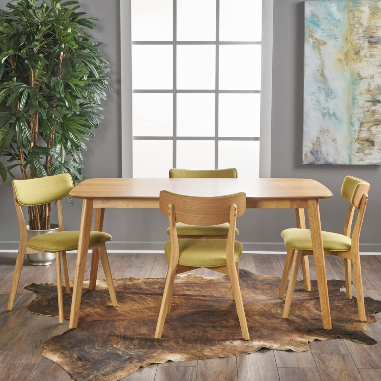 Christopher Knight Home Alma Mid-Century Wood Dining Set with Fabric Chairs, 5-Pcs Set, Natural Oak / Green Tea