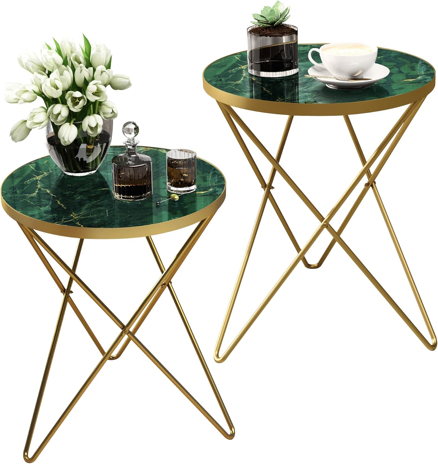 HLR Modern Round Side Table Set of 2, End Table with Marble Effect Top and Gold Metal Frame, Small Side Table for Living Room, Bedroom, Sofa and Couch, Gold Legs, Green Marble top