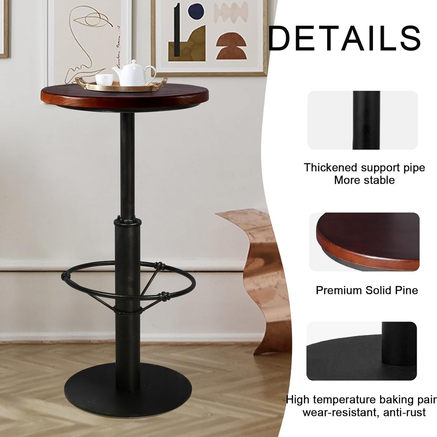 LOKKHAN 42" Tall Rustic Industrial Bar Table-19.68" Dia Round Wooden Top Metal Bar Height Adjustable Standing Pub Table-Dining Room Bistro Table-Cocktail Table (Silver,Walnut)