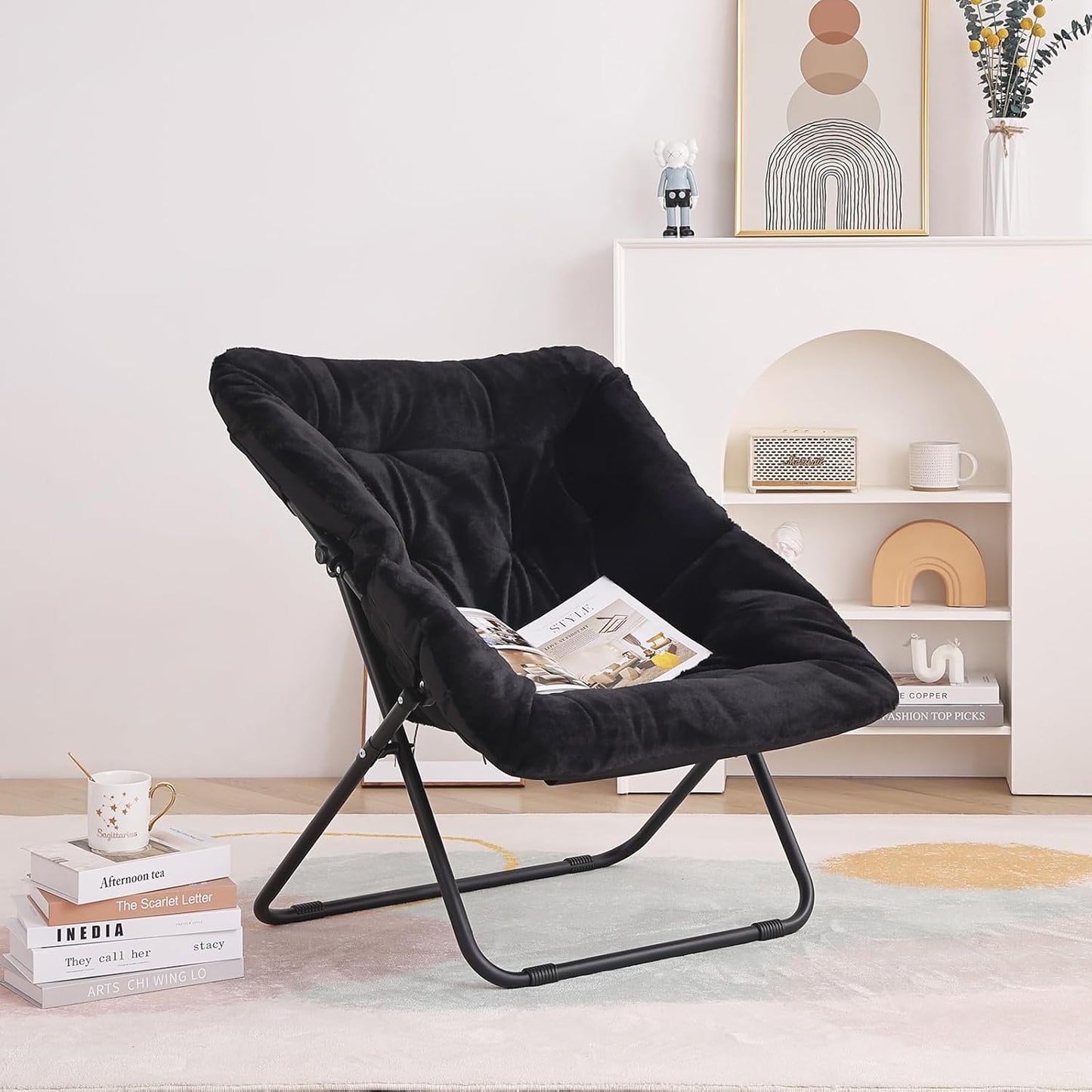 Tiita Comfy Folded Chair, Soft Faux Fur Oversized Folding Accent Chair, Lounge Lazy Chair for Kids Teens Adults, Metal Frame Moon Chair for Bedroom, Living Room, Dorm Rooms