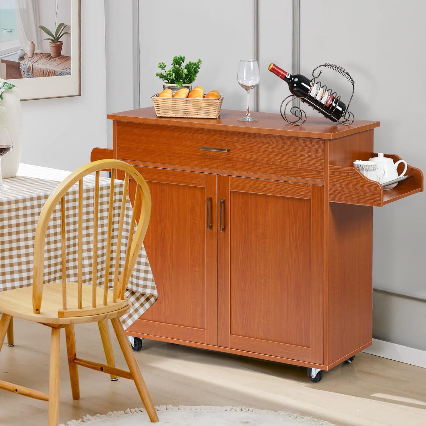 COSTWAY Kitchen Island Cart, Rolling Storage Trolley Cart with Lockable Rubber Wheels, Large Cabinet, Drawer, Spice Rack and Towel Rack, Kitchen Serving Utility, 3-Position Adjustable Shelf (Cherry)