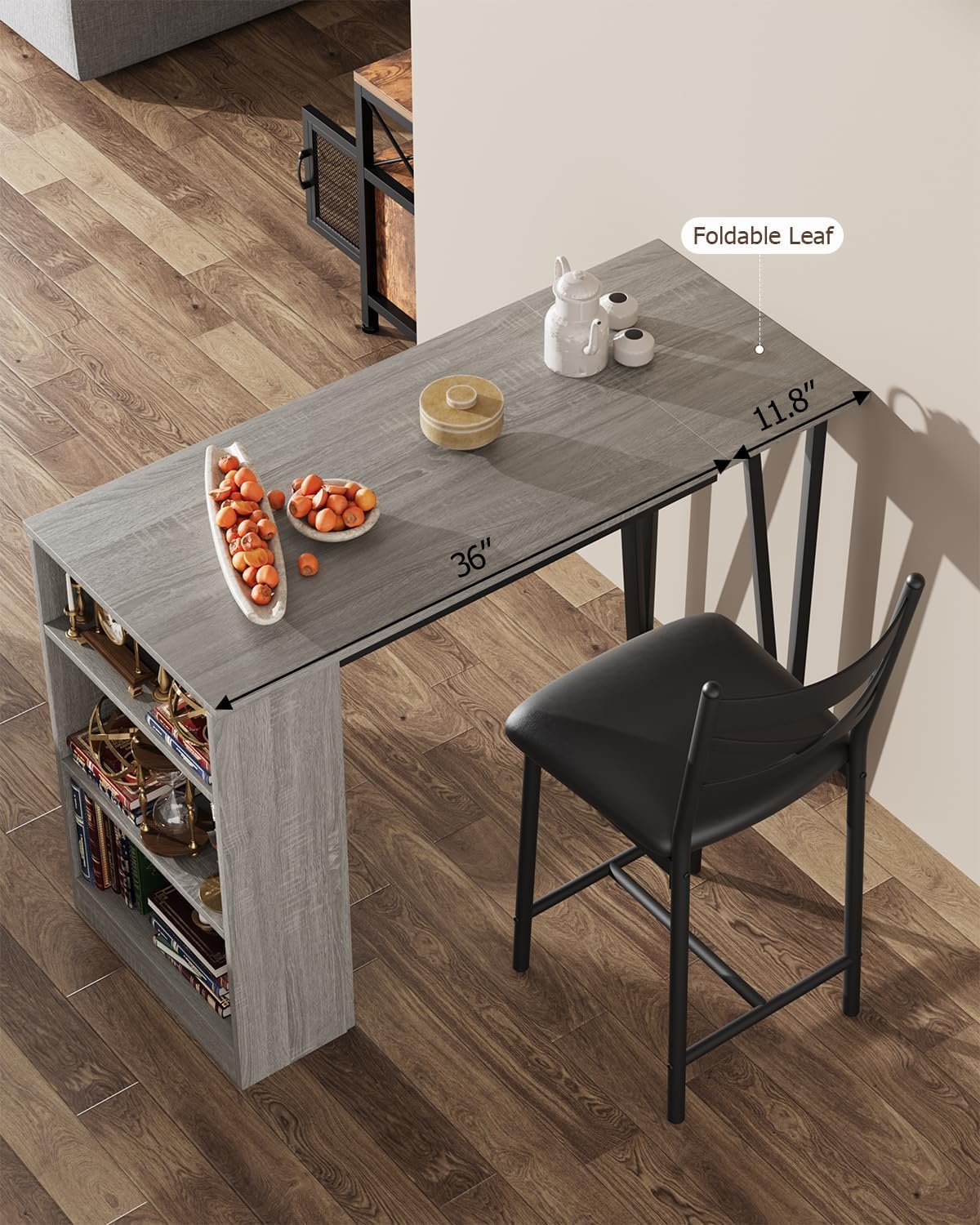 GAOMON 3 Piece Bar Table Set for 2, Bar Table and Chairs Set with with Flip Top Extension, Dining Table Set with Storage Shelves, Suitable for Small Space Kitchen Apartment, Grey