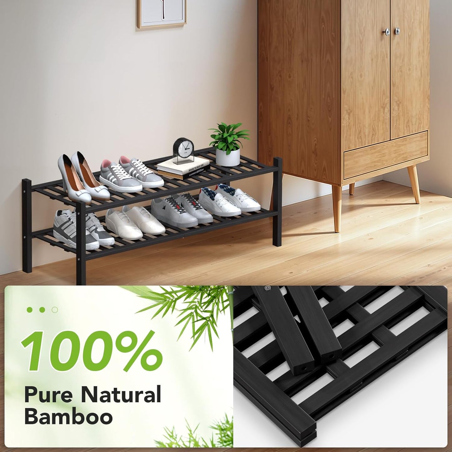 Haddockway Long 2 Tier Bamboo Shoe Rack Storage Organizer, Multifunctional Free Standing Stackable Shoe Shelf with Grid Panel for Closet,Hallway,Entryway,Small Space 34.2"x11"x13"(Black, 2-Tier(Long))